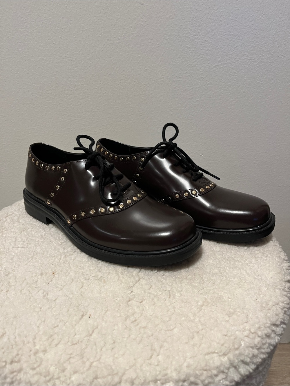 J.CREW (NWOT) Studded Spazzolato Brown Leather Oxford Derby Shoes, Size 7